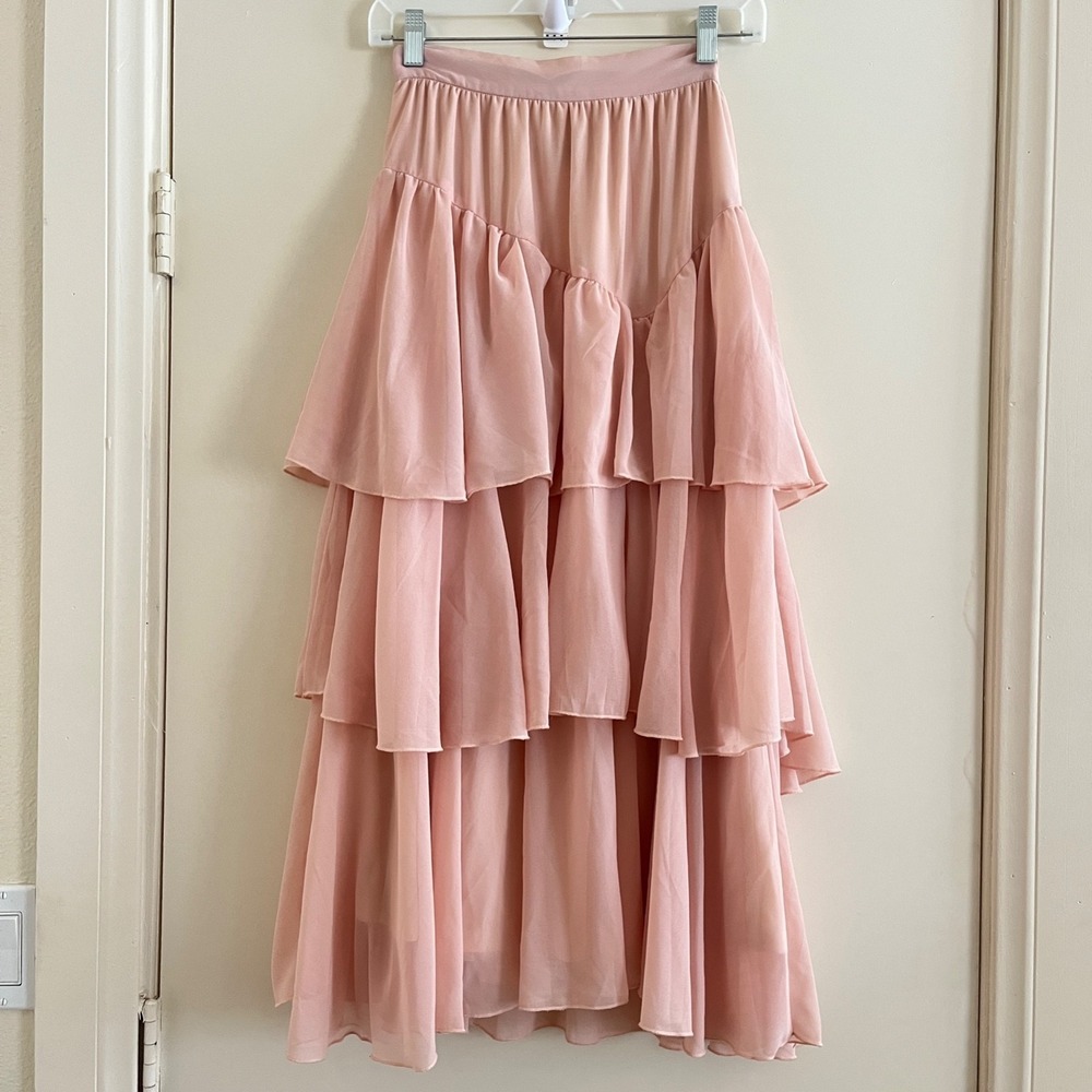 Boohoo Tiered Maxi Skirt 2 Pink Boho Ruffle Romantic Ethereal Fairy Feminine
